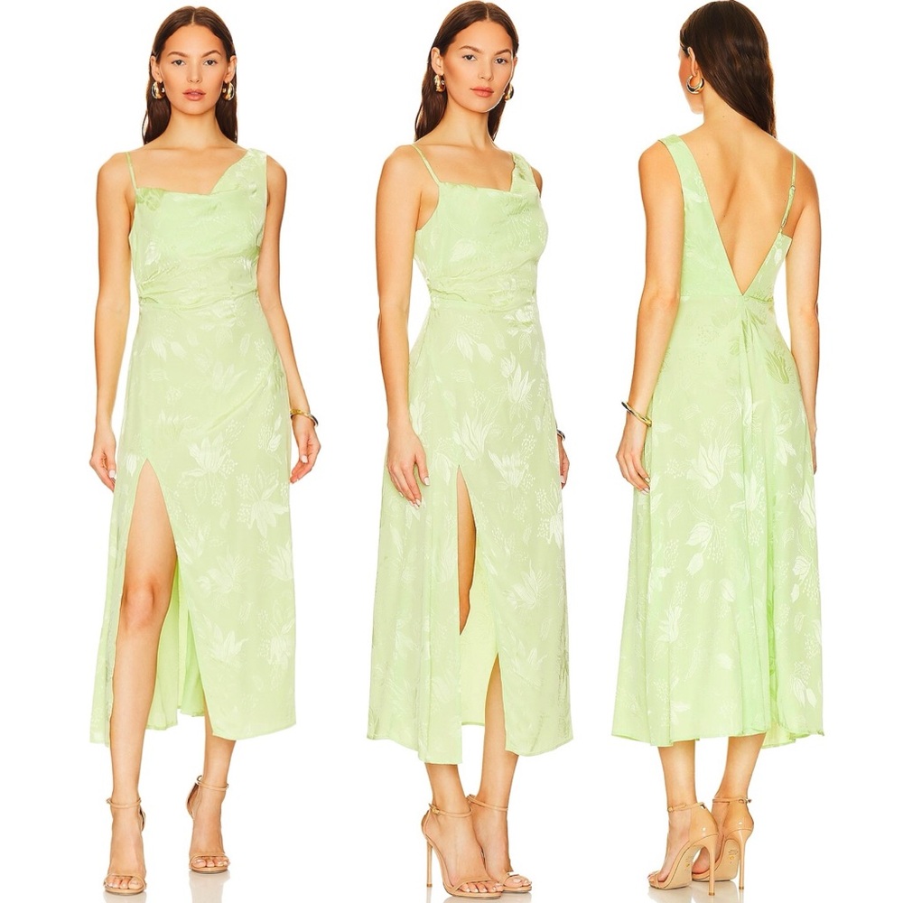 For Love & Lemons Ilana Green Floral Satin Slit Midi Slip Dress